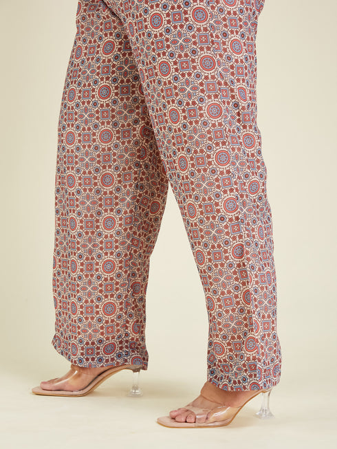 Janasya Women's Plus Size Cream & Maroon Georgette Embroidered Ajrakh Printed Straight Kurta Set